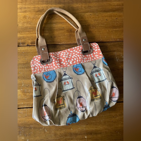 FOSSIL KEY-PER Bird Cage Coated Canvas Handbag Tote Purse EUC - Picture 1 of 7